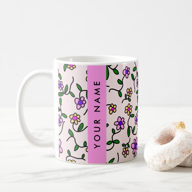 Mug Fleurs Colorées, Fond Rose, Rose (Avec donut)