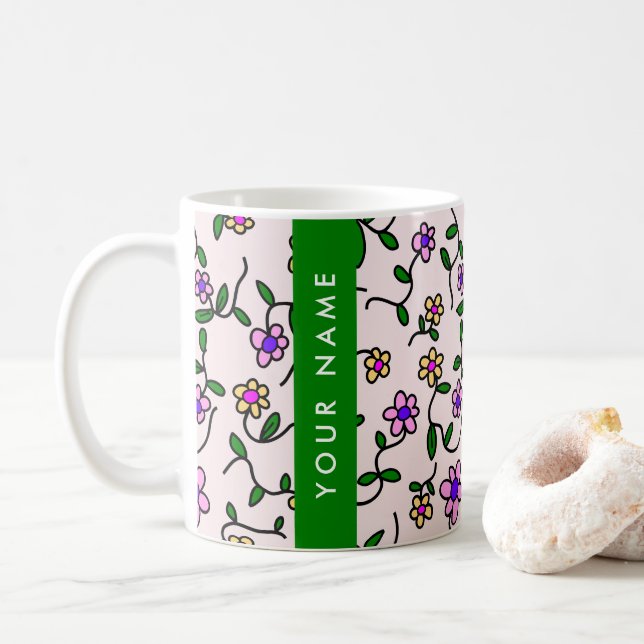 Mug Fleurs Colorées, Fond Rose, Vert (Avec donut)