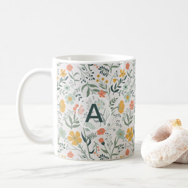 Mug Fleurs Corail Mustard Monogramme Vivid (Avec donut)