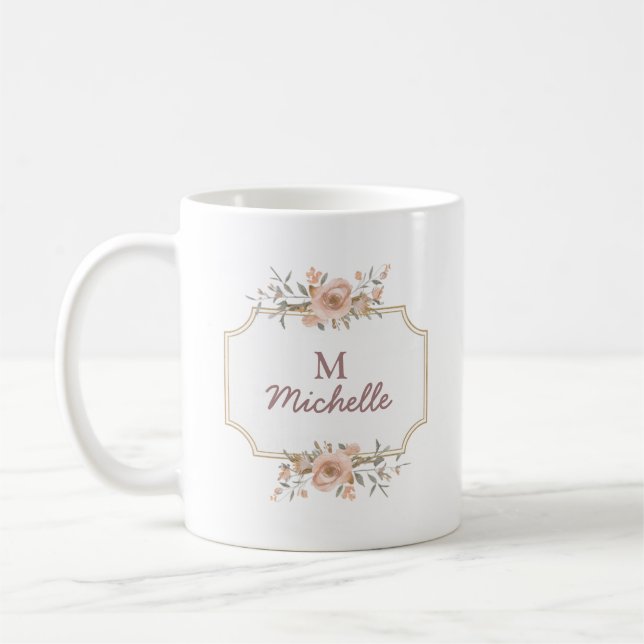Mug Fleurs d'aquarelle modernes Monogramme Nom du scri (Gauche)