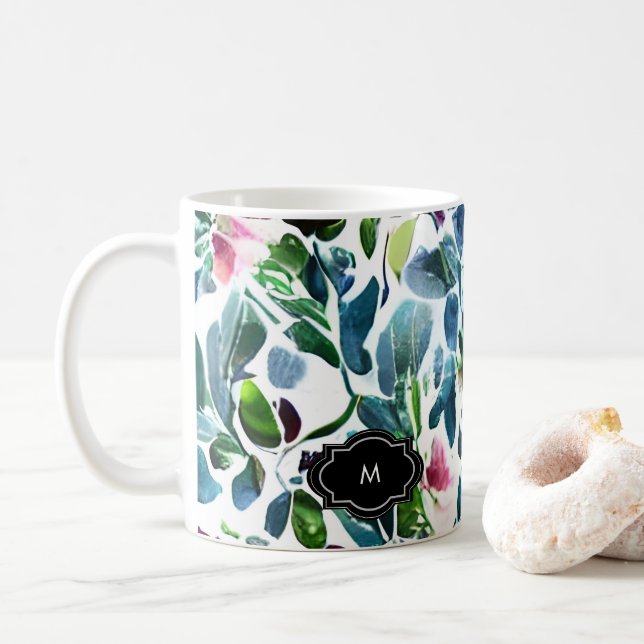 Mug Fleurs d'aquarelle motif botanique monogrammé (Avec donut)
