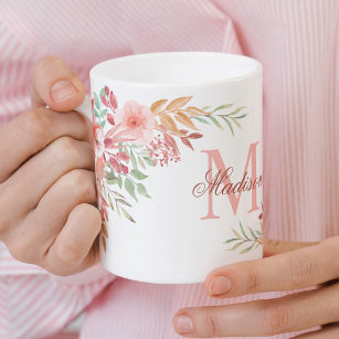 Mug Fleurs d'aquarelle rose pâle Nom du monogramme per