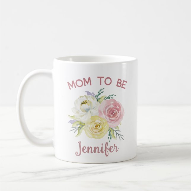 Mug Fleurs d'aquarelle rose personnalisée Maman à être (Gauche)