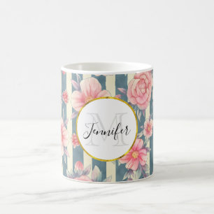 Mug Fleurs d'aquarelle rose sur bandes Monogramme