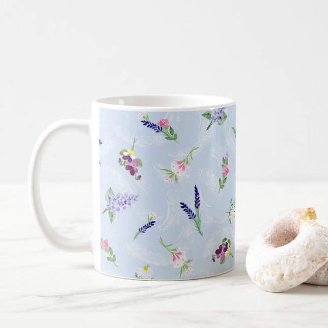 Mug Fleurs d'aquarelle sur texture bleu pâle (Avec donut)