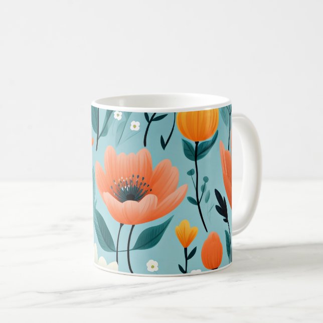 Mug fleurs d'art coloré-aqua, blanc, pêche, jaune, (Devant droit)
