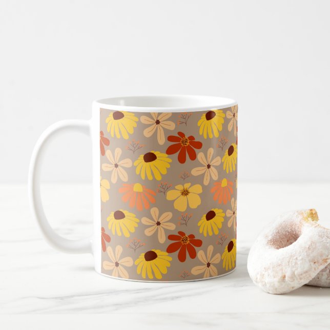 Mug Fleurs d'automne rétro des années 70 Motif sans co (Avec donut)
