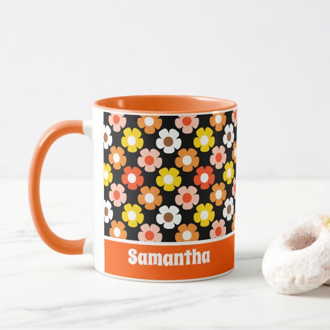 Mug Fleurs d'automne rétro Motif Noir (Avec donut)
