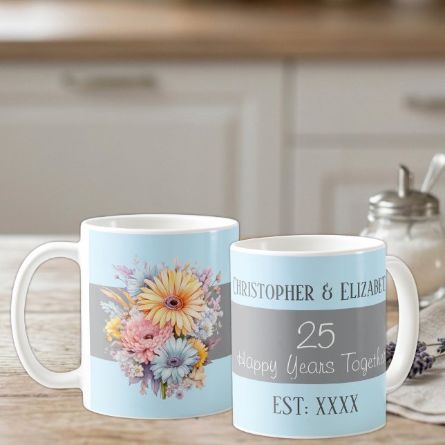 Mug fleurs de 25e anniversaire de mariage argenté noms (Créateur téléchargé)