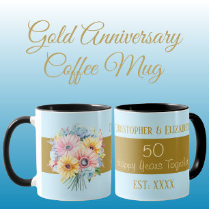 Mug fleurs de 50e anniversaire en or noms bleu