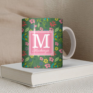 Mug Fleurs de Bohème Fille Forêt Vert rose Monogramme