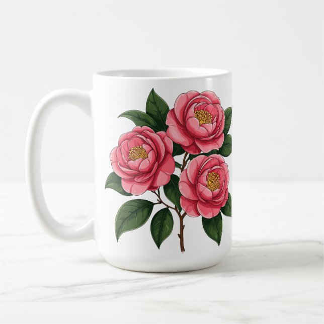 Mug Fleurs de camélia roses en fleurs avec des feuille (Gauche)