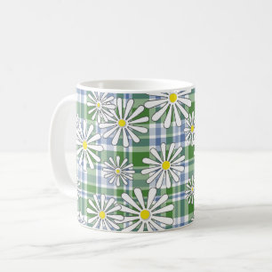 Mug Fleurs de camomille blanche sur un damier vert ble