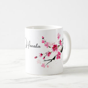 Mug Fleurs de cerisier roses avec un nom en écriture c