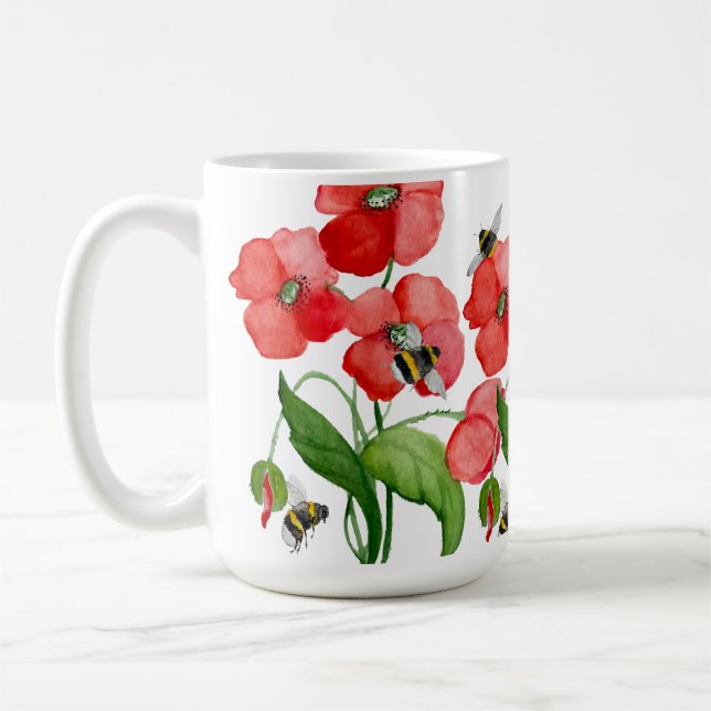 Mug Fleurs de coquelicot écarlate d'aquarelle et bourd (Gauche)