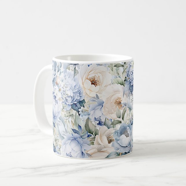 Mug Fleurs de couleur ivoire aquarelle bleu poussiéreu (Devant gauche)