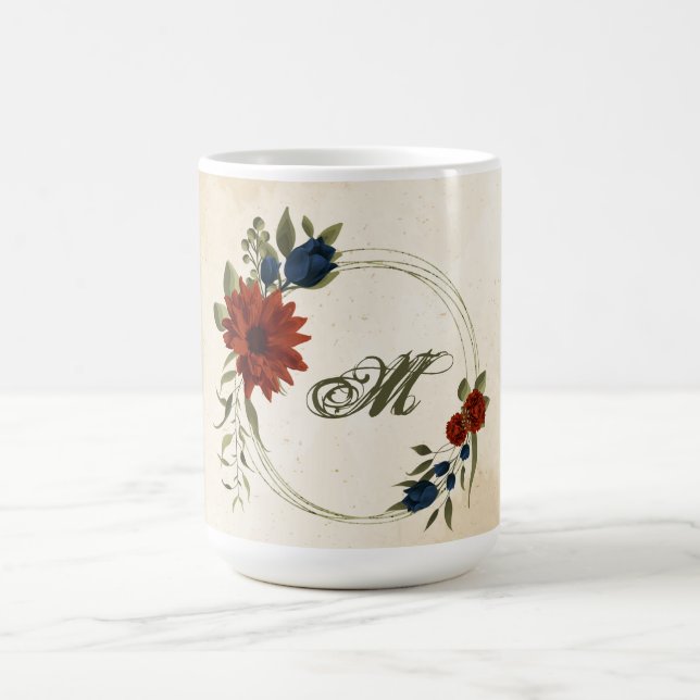 Mug fleurs de couleur orange brûlé et marine avec feui (Centre)