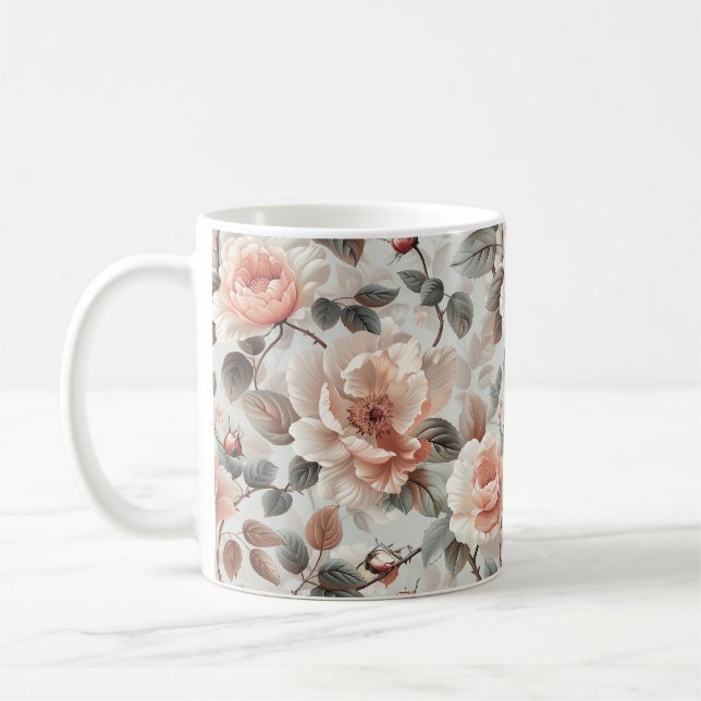 Mug Fleurs de crème avec feuilles gris sur un gris cla (Gauche)