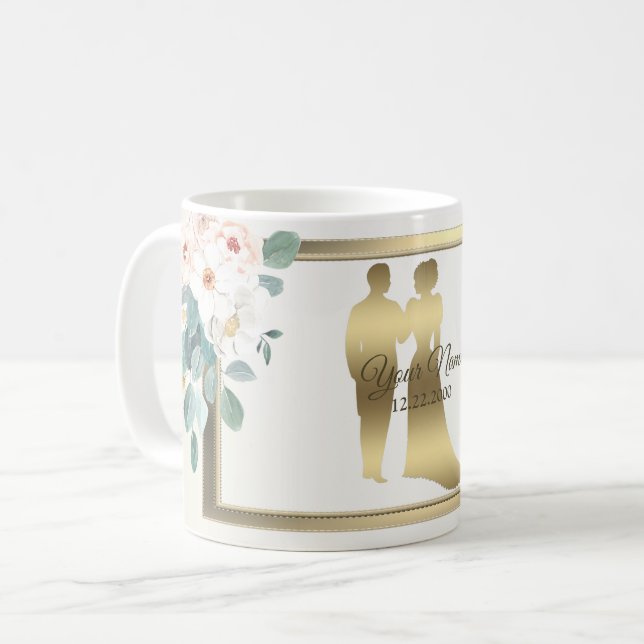 Mug Fleurs de feuilles vertes cadre doré mariage fête (Devant gauche)