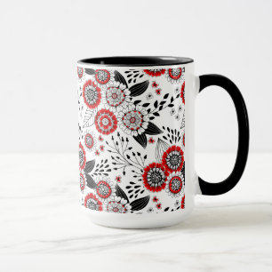 Mug Fleurs de gribouillis et feuilles en rouge et noir