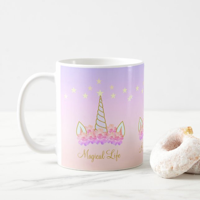 Mug Fleurs de licorne et étoiles (Avec donut)