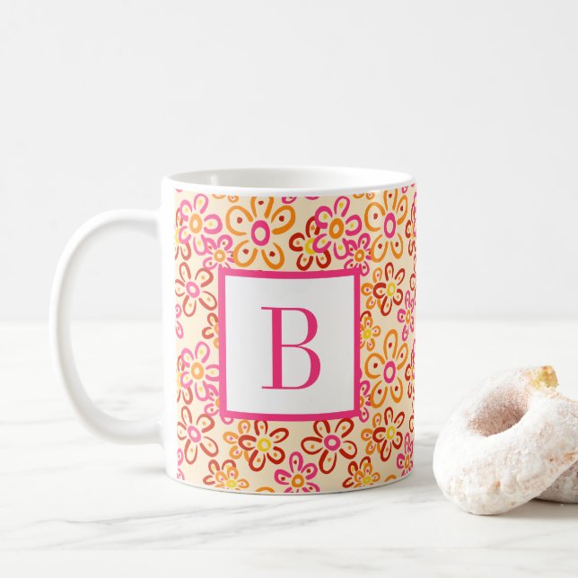 Mug Fleurs de marguerite rétro orange rose Monogramme  (Avec donut)