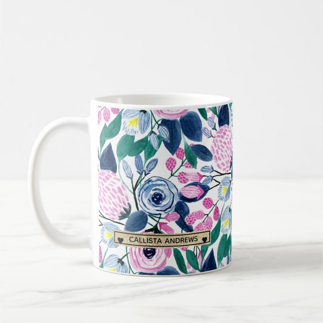 Mug Fleurs de marine rose douce Aquarelle or Monogramm (Gauche)