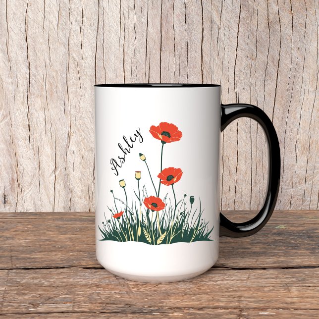 Mug Fleurs de pavot Boug sur mesure, cadeau pour femme (poppy flowers mug, custom name mug, personalized name mug, birthday gift mug, Mother’s Day mug,)