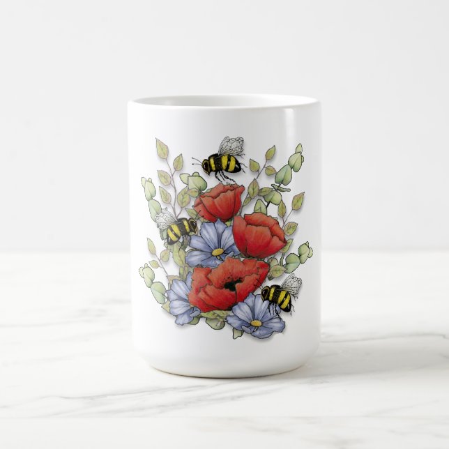 Mug Fleurs de pavot et dessin numérique de abeilles, b (Centre)