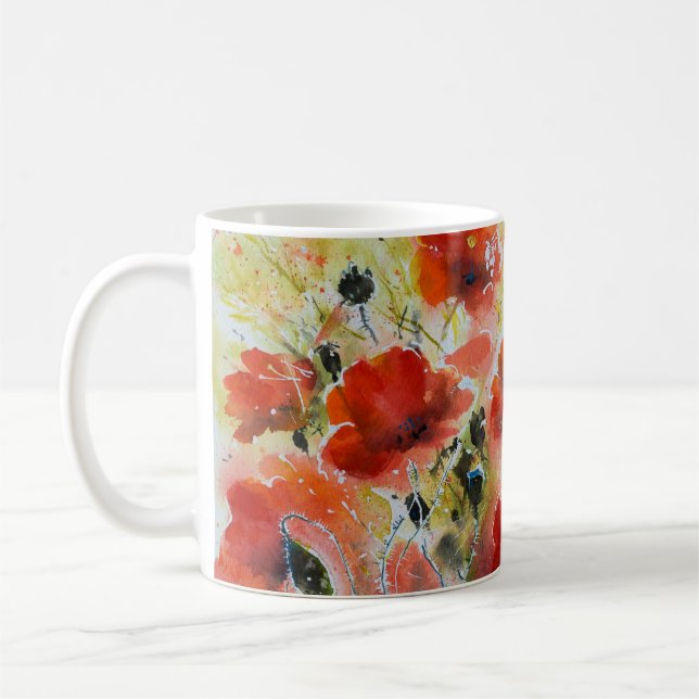 Mug Fleurs de pavot rouge, aquarelle douce. (Gauche)