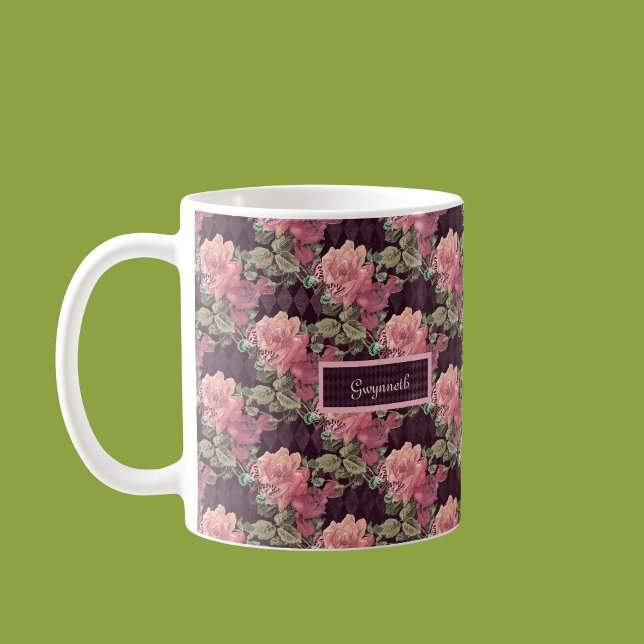Mug Fleurs de pêche et papillon sur Arlequin violet (Créateur téléchargé)