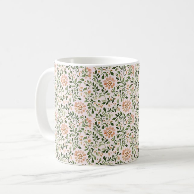 Mug Fleurs de Pêche Rose Feuilles Vertes (Devant gauche)