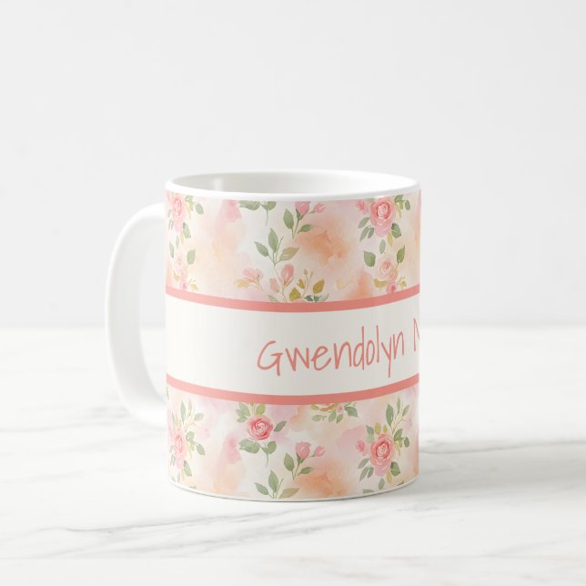 Mug Fleurs de pêche roses petites aquarelles abstraite (Devant gauche)