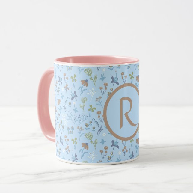 Mug Fleurs de prairie Bleu Monogramme (Devant gauche)