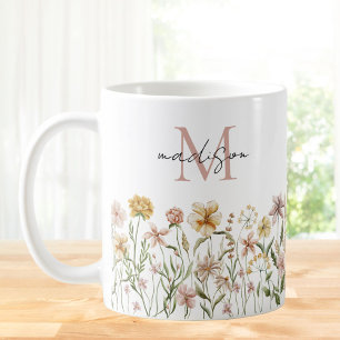 Mug Fleurs de prairie sauvage aquarelle monogrammée