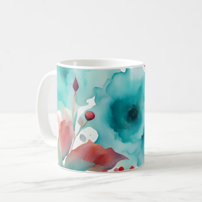 Mug Fleurs de printemps à l'aquarelle bleu turquoise r (Devant gauche)