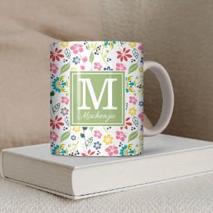 Mug Fleurs de printemps bohème colorées Monogramme ver