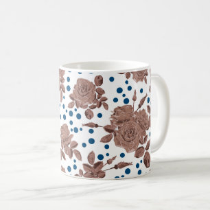 Mug Fleurs de rose beige marron sur fond à pois 