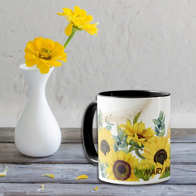 Mug Fleurs de soleil d'aquarelle et Feuilles d'eucalyp (Créateur téléchargé)
