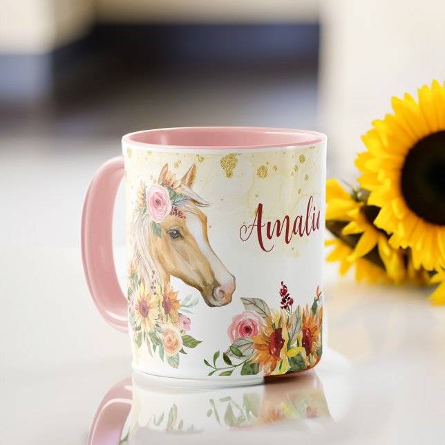 Mug Fleurs de soleil Palomino Horse nom personnalisé t (Palomino Horse sunflowers personalized name mug horse girl gifts )