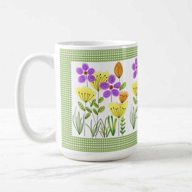 Mug Fleurs de style ferme avec Gingham vert  (Gauche)