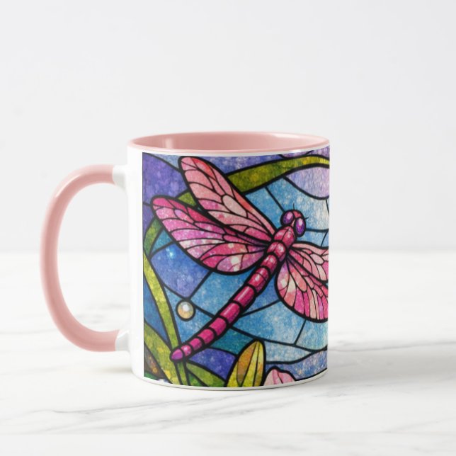 Mug Fleurs de verre teinté de lys et libellules roses (Gauche)