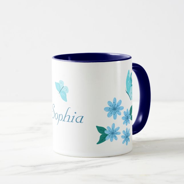 Mug Fleurs d'été Bleu Béatiful Papillons Floral (Devant droit)