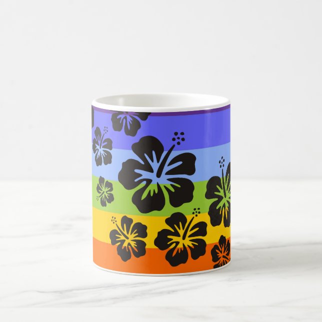 Mug fleurs d'hibiscus en noir | bandes colorées (Centre)