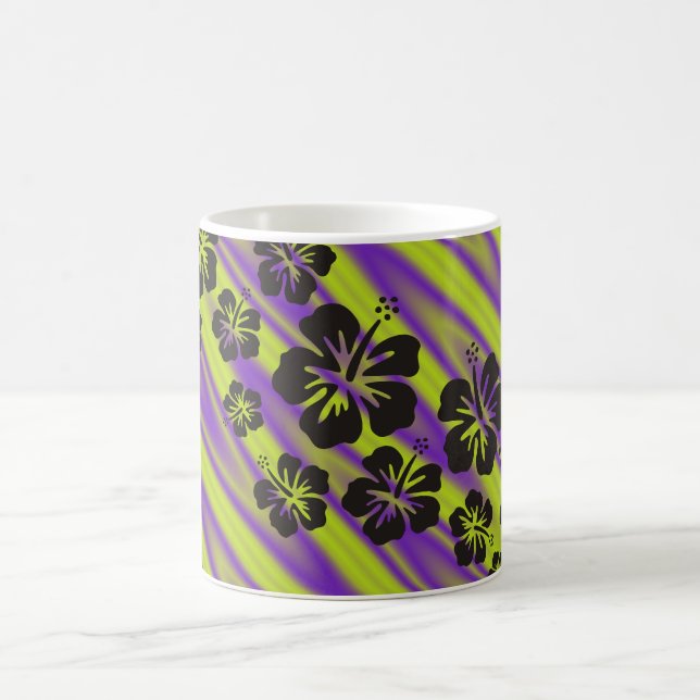Mug fleurs d'hibiscus en noir | vagues violettes verte (Centre)