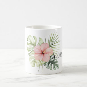 Mug Fleurs d'Hibiscus Rose Tropical Feuilles Aloha