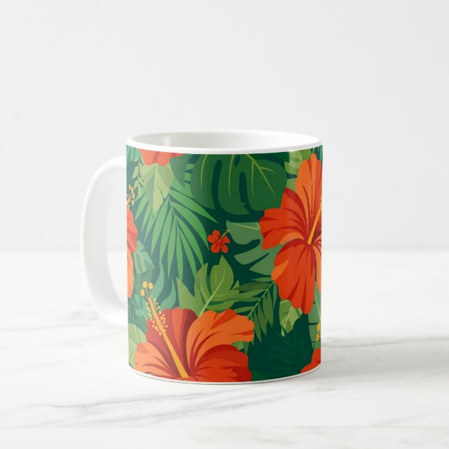 Mug Fleurs d'Hibiscus Rouge Orange Vert Feuillage de l (Devant gauche)