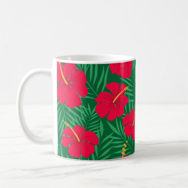 Mug Fleurs d'Hibiscus Rouge sur Feuilles Tropicales Ve (Gauche)