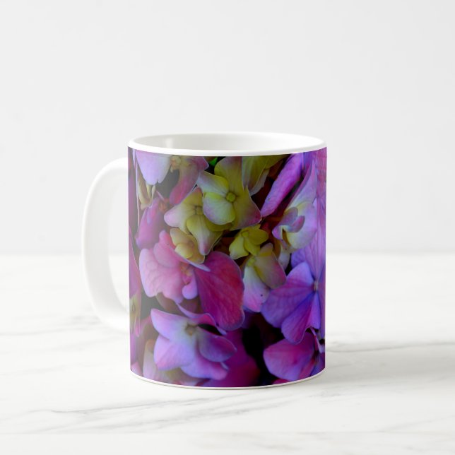 Mug Fleurs d'hortensias magenta violet bleu jaune (Devant gauche)