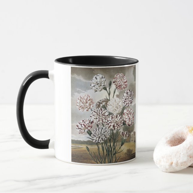 Mug Fleurs d'œillet panachées vintage avec ciel gris (Avec donut)
